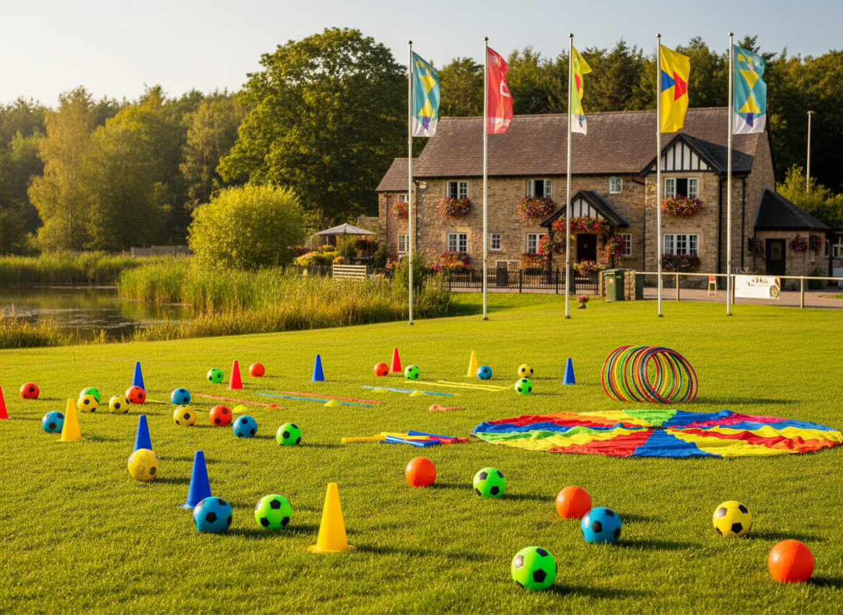 A colorful sports event scene without any people, where equipment and decorations suggest lively activity. Brightly colored soccer balls, cones, hula hoops, relay batons, and parachutes are arranged on a lush green field next to a cozy countryside hotel building. In the background, a forest edge and a small pond glimmer in soft afternoon sunlight. Banners and flags in playful, primary colors sway gently, hinting at a festive atmosphere. Photographic realism with vibrant, saturated colors, shot at eye level with a moderate depth of field so the foreground equipment is crisp while the hotel and trees blur slightly, creating an inviting, energetic mood perfect for a family-friendly sports event website.