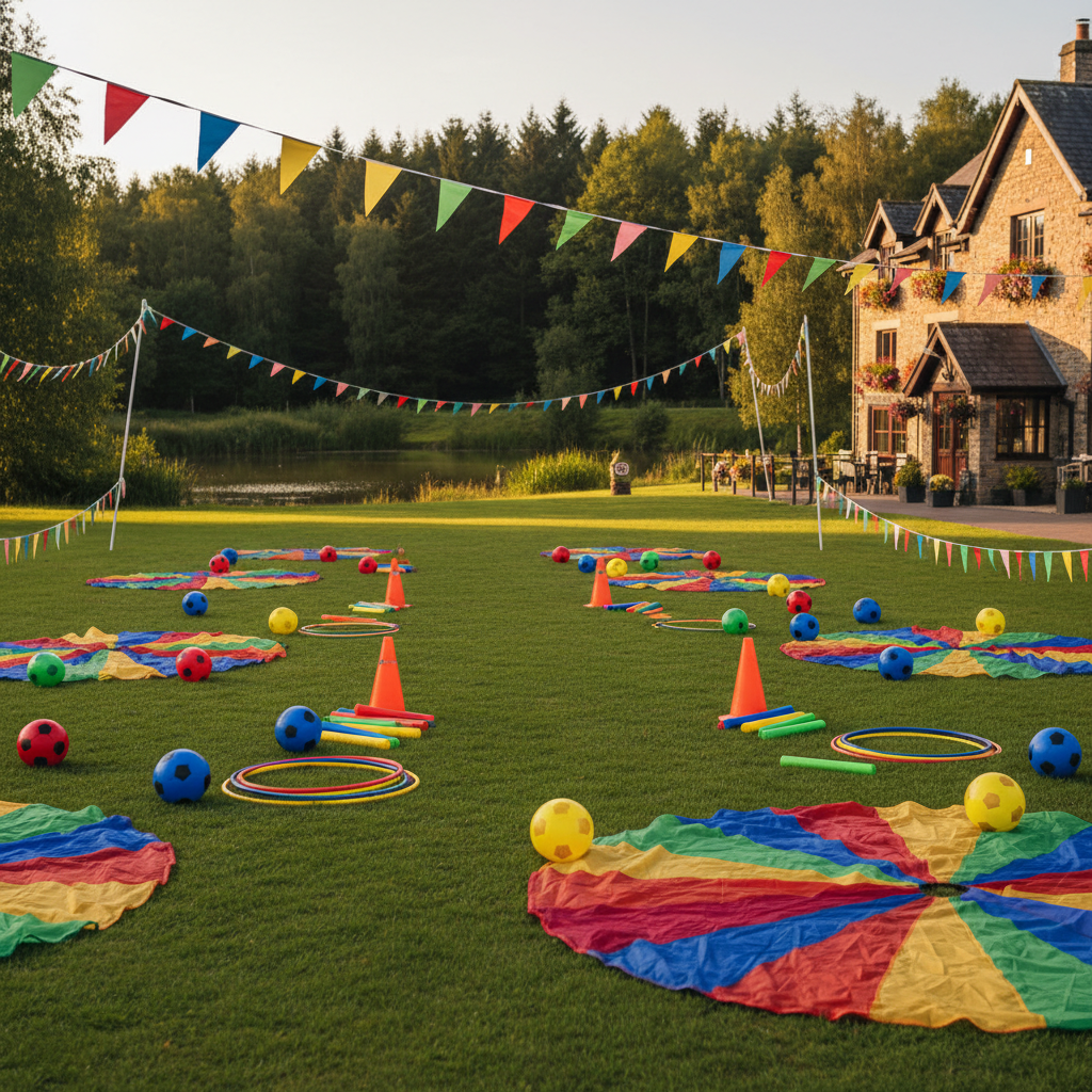 A colorful sports event scene without any people, where equipment and decorations suggest lively activity. Brightly colored soccer balls, cones, hula hoops, relay batons, and parachutes are arranged on a lush green field next to a cozy countryside hotel building. In the background, a forest edge and a small pond glimmer in soft afternoon sunlight. Banners and flags in playful, primary colors sway gently, hinting at a festive atmosphere. Photographic realism with vibrant, saturated colors, shot at eye level with a moderate depth of field so the foreground equipment is crisp while the hotel and trees blur slightly, creating an inviting, energetic mood perfect for a family-friendly sports event website.