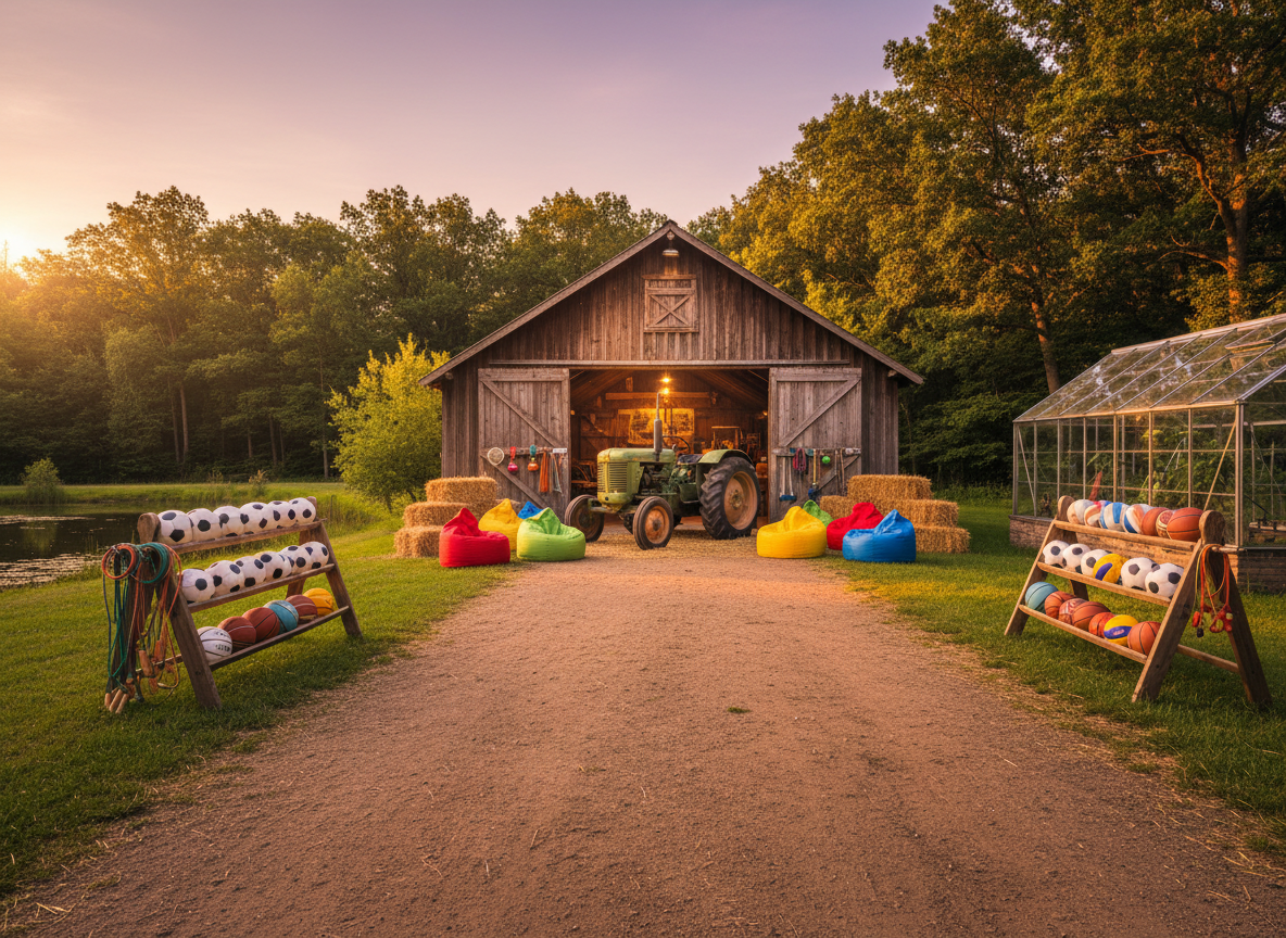An inviting countryside sports camp base without any people, showing a rustic wooden barn converted into a themed sports zone. A vintage green tractor stands inside the open barn doors, surrounded by neatly stacked hay bales, colorful beanbags, and tidy racks of balls and skipping ropes. Outside, a dirt path leads toward a forest and a shimmering pond, with a greenhouse visible to one side. Late afternoon golden hour light bathes the scene, creating long, soft shadows and warm highlights on the wood and tractor. Photographic realism, captured from a slightly wide, low-angle perspective to emphasize space and playfulness, with a bright, cheerful atmosphere.