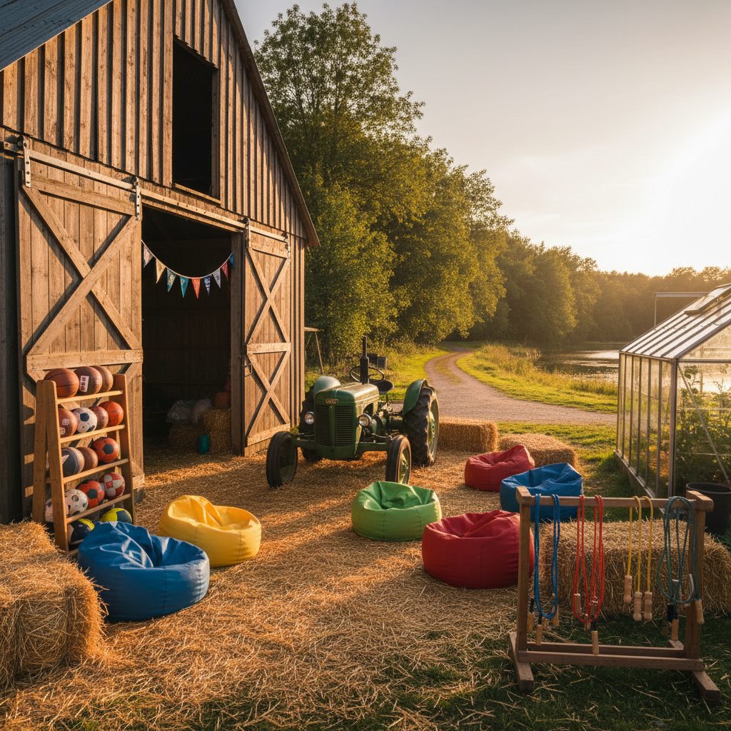 An inviting countryside sports camp base without any people, showing a rustic wooden barn converted into a themed sports zone. A vintage green tractor stands inside the open barn doors, surrounded by neatly stacked hay bales, colorful beanbags, and tidy racks of balls and skipping ropes. Outside, a dirt path leads toward a forest and a shimmering pond, with a greenhouse visible to one side. Late afternoon golden hour light bathes the scene, creating long, soft shadows and warm highlights on the wood and tractor. Photographic realism, captured from a slightly wide, low-angle perspective to emphasize space and playfulness, with a bright, cheerful atmosphere.