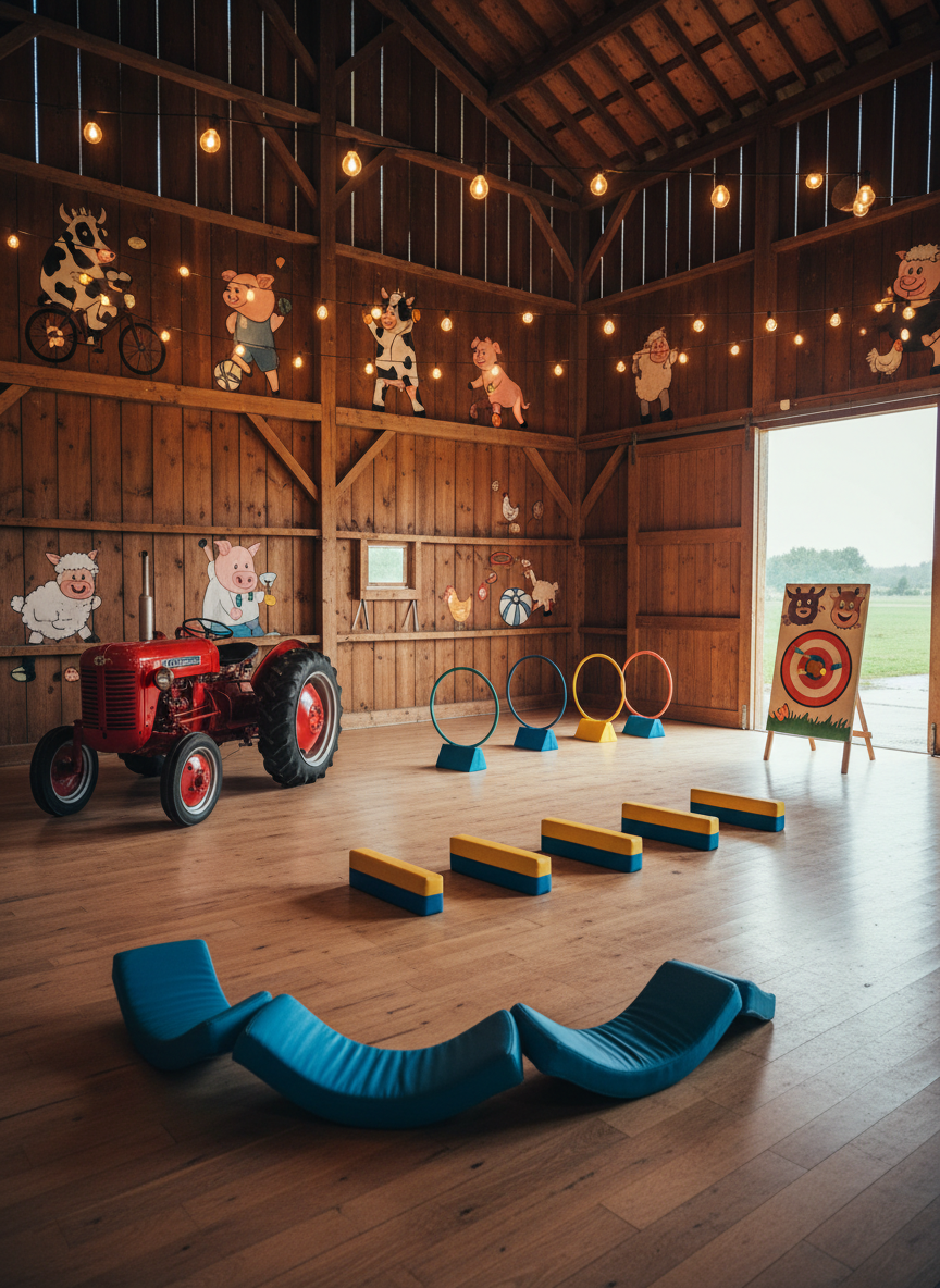 Inside a spacious thematic barn set up for rainy-day sports activities, without any people. The wooden walls and beams are decorated with playful farm-themed murals, while a classic tractor stands to one side as a colorful centerpiece. On the smooth floor, a circuit of indoor games is prepared: soft balance boards, low hurdles, hoops, and foam darts aimed at a cartoon-style target. String lights hang from the rafters, casting warm, cozy illumination that mixes with a bit of cool daylight from open side doors. Photographic realism, vibrant yet rustic, captured at eye level with a moderate wide lens to show depth and detail, giving a welcoming, creative atmosphere perfect for children’s events.