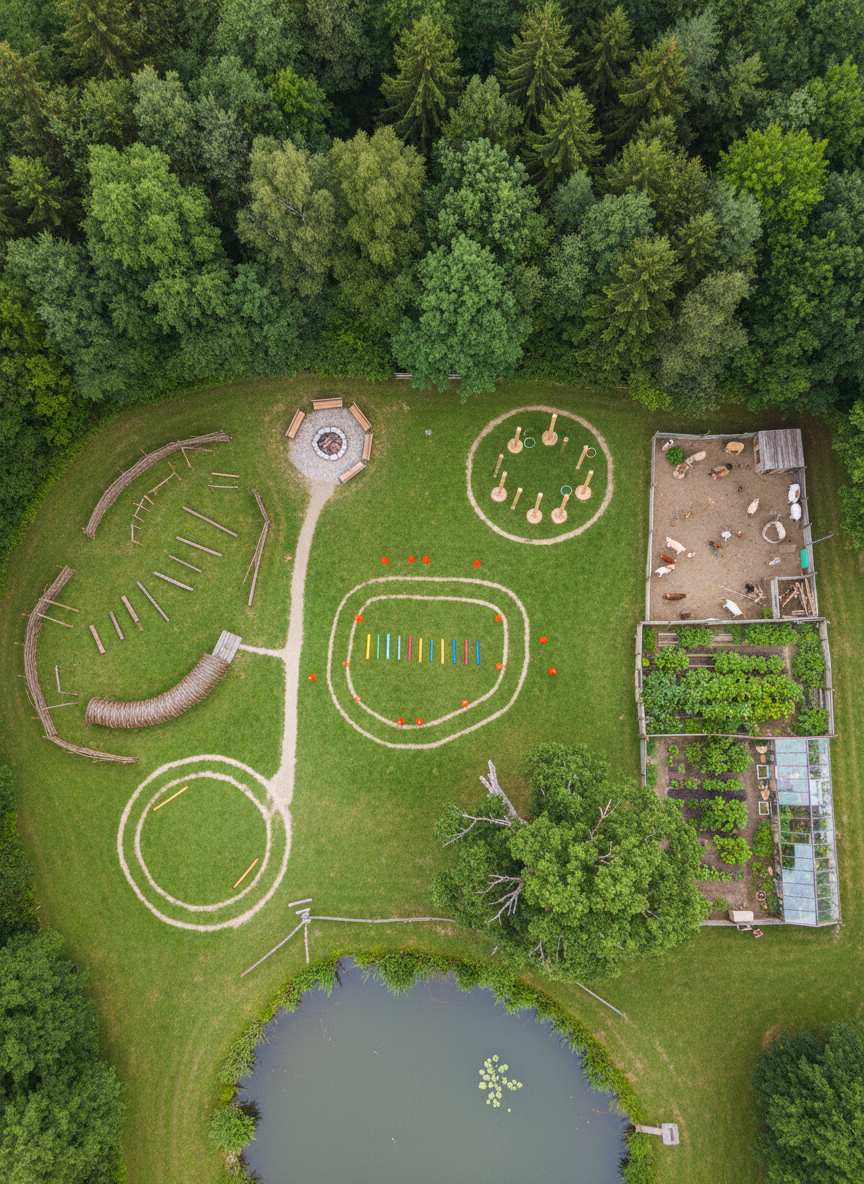 A detailed overhead view of a “green school” day setup in a village by the forest, completely empty of people. On a grassy meadow near a pond, several clearly defined activity stations are laid out: a mini obstacle course with soft hurdles and balance beams, a relay zone with batons and cones, and a ring toss game made from natural wood. Nearby, a small animal enclosure with goats and chickens, a greenhouse with lush plants, and a cozy fire pit circle create a rich environment. Soft, diffused morning light from an overcast sky gives even illumination. Photographic, colorful, playful mood, with clear, organized composition from a bird’s-eye view.