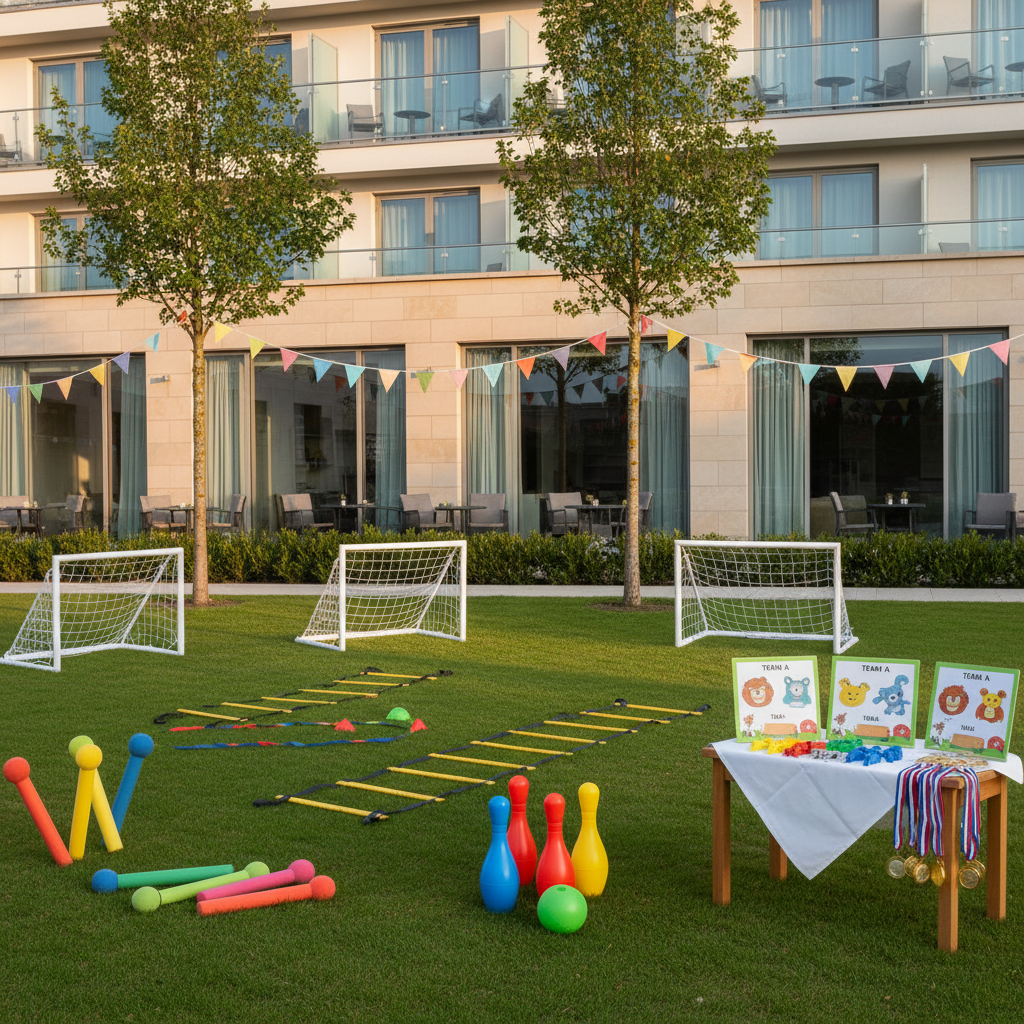 A cozy hotel garden terrace prepared for children’s sports animations, with no people present. On a neatly trimmed lawn beside a modern hotel facade, small portable goals, foam javelins, playful bowling pins, and bright agility ladders are artistically arranged. Colorful bunting strings stretch between two small trees, and a table nearby displays medals, whistles, and friendly illustrated scoreboards. Warm early evening light creates a golden glow on the hotel windows and soft shadows across the grass. Photographic realism with a clean, modern aesthetic, shot from a slightly elevated angle, using the rule of thirds to balance the equipment in the foreground and the hotel and trees in the background, evoking anticipation and fun.