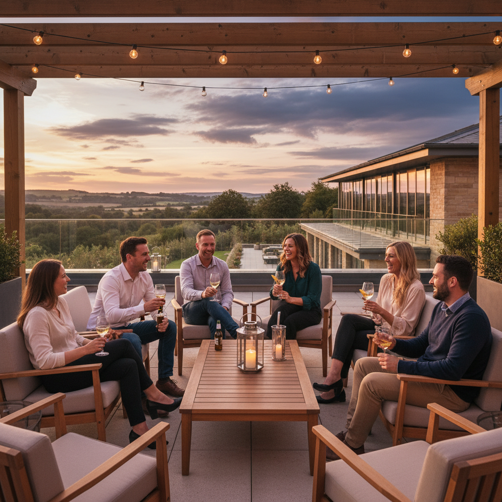 Adults relaxing together after work in an evening corporate team setting: a small group of casually dressed professionals sitting on a hotel terrace with soft lighting, holding drinks, laughing and talking. Subtle view of a modern countryside venue in the background, warm golden hour mood, photographic realism, similar color palette and composition style to the existing site images.