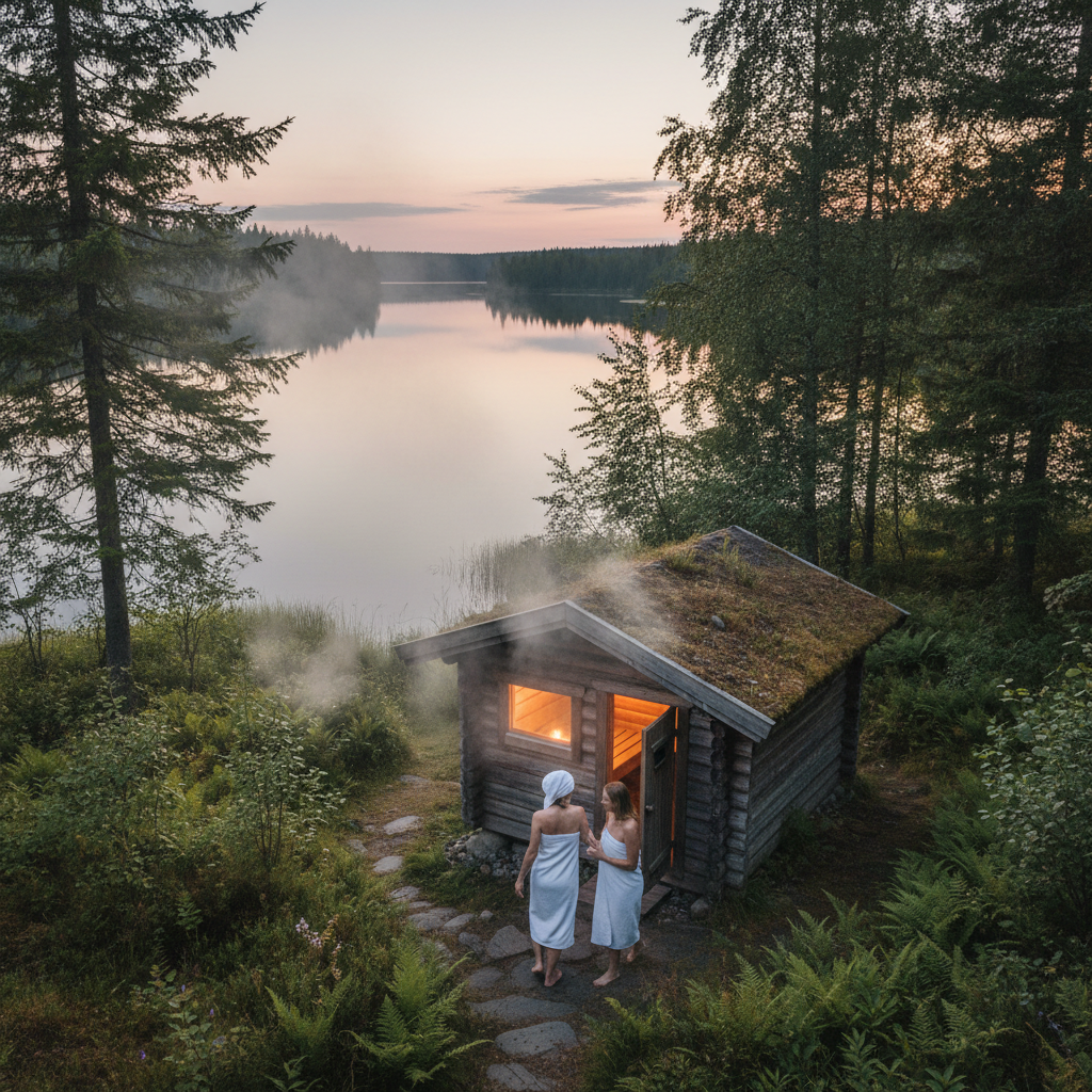 Adults enjoying quiet relaxation in nature near a lakeside sauna: a couple of people wrapped in towels walking from a small wooden sauna cabin toward a calm lake at dusk, with soft steam in the air and warm light glowing from the cabin. Surrounded by trees and natural greenery, no city buildings, photographic realism, consistent color palette and style with existing site images.