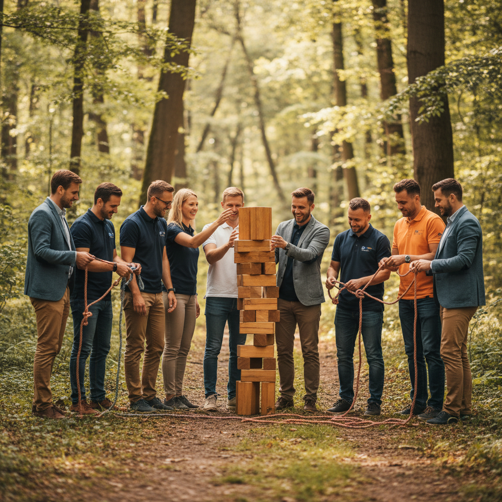Adults participating in a typical corporate teambuilding activity outdoors: a diverse group of 8-12 adults in casual or smart casual clothing, collaborating on a team challenge such as building a structure from wooden blocks or solving a rope puzzle. Focus on people, teamwork, and interaction, with trees or neutral nature background, no hotel or large buildings visible. Warm, natural daylight, photographic realism, friendly and professional atmosphere, color palette matching existing sportowiada.pl images.